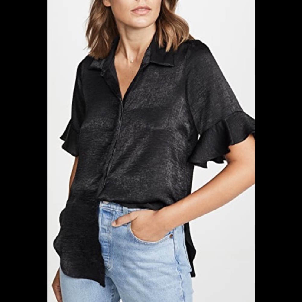 Misa Zadie black satin ruffle sleeve top
